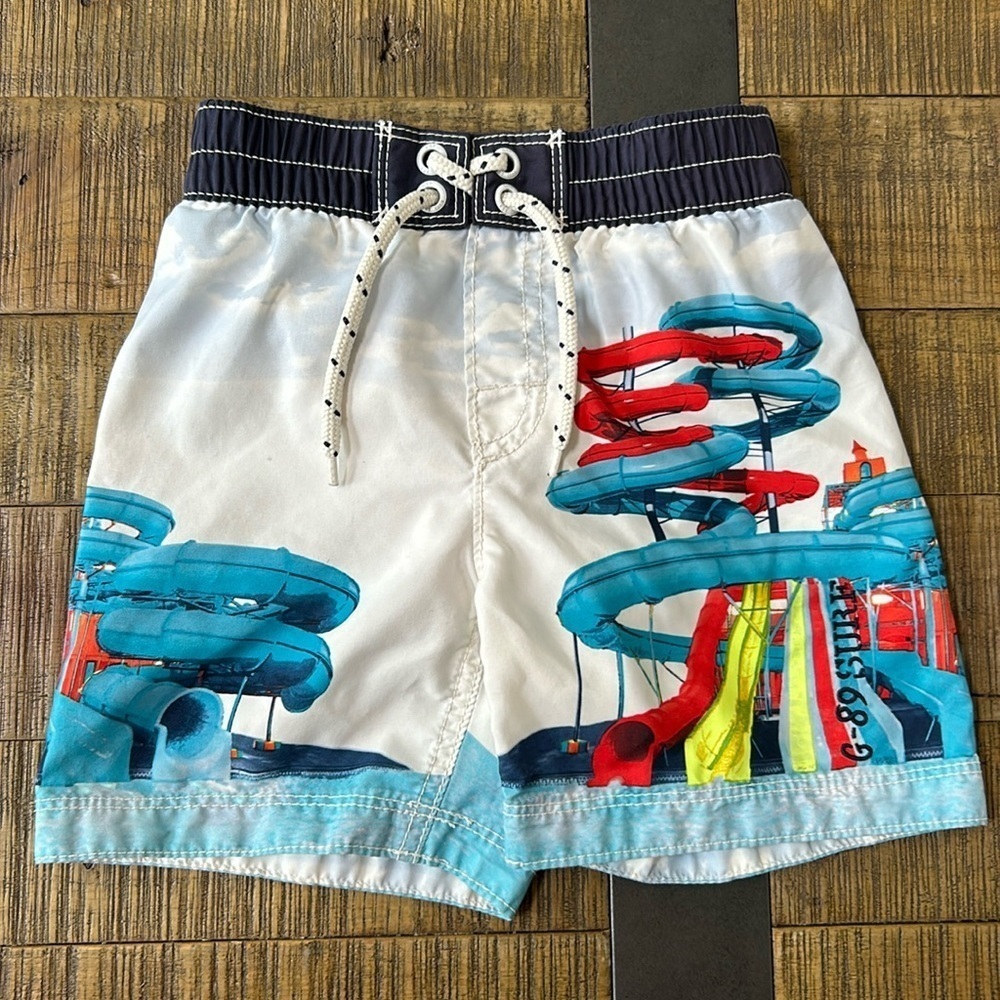 GAP Surf Shop Waterslide Elysian Blue White Red Swim Trunks, toddler size 2